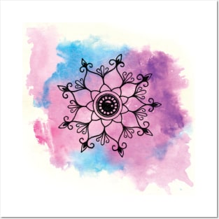 Purple Blue Snowflake Mandala Hand Drawn and Hand Painted Posters and Art